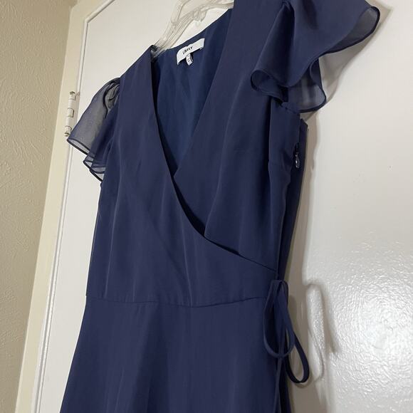 LIKELY Navy blue wrap chiffon vneck ruffle hem flutter dress size US 4 - Picture 2 of 7